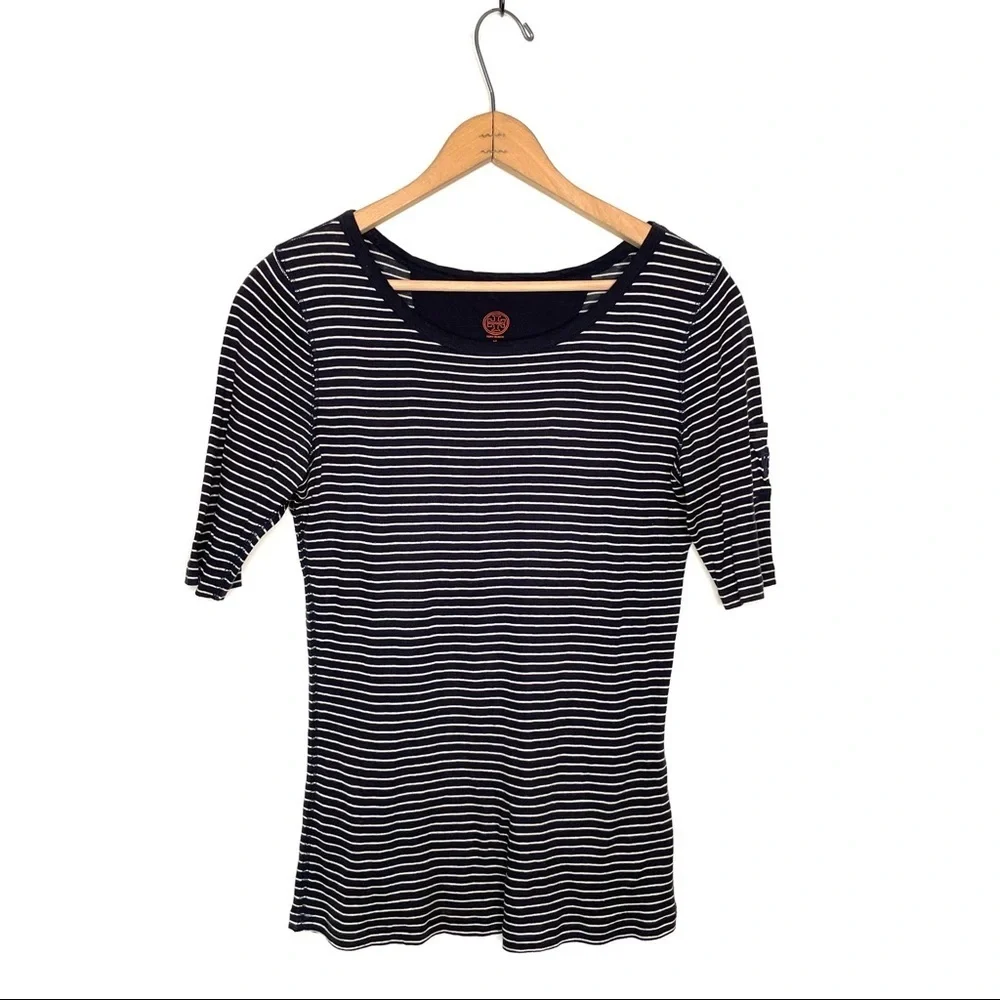 Tory Burch | Navy Blue and White Stripe Tee With Sleeve Pocket